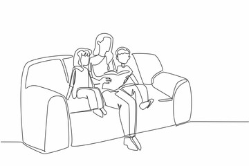 Wall Mural - Continuous one line drawing mother reading a book on the sofa while hugging her daughter and son. Reading inspirational stories. National Single Parent Day. Single line draw design vector illustration