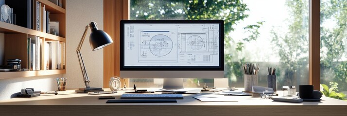 Aufkleber - Modern engineering desk with open workspace and natural light during daytime. Generative AI