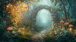 © Thiago - Mystical forest with bioluminescent plants, glowing fungi, and ethereal fog, a hidden path leading to an ancient stone archway. Whisper. Illustration