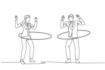 Wall Mural - single one line drawing businessman and businesswoman playing hula hoop. ignore the piling work. laz