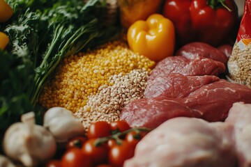 Poster - Fresh vegetables, meat, and grains arranged on a rustic wooden surface showcasing healthy cooking options for meal preparation. Generative AI