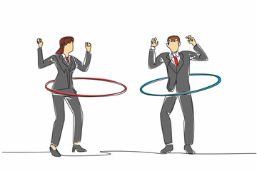 Wall Mural - single one line drawing businessman and businesswoman playing hula hoop. ignore the piling work. laz