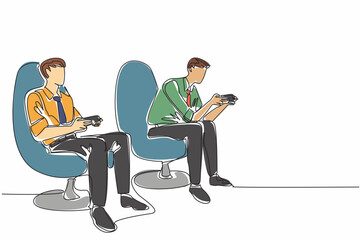 Wall Mural - single continuous line drawing two business men holding wireless game console sticks. playing footba