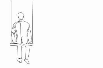 Sticker - Continuous one line drawing businessman sits on a swing. Alone missing a work partner who disappeared. Missing the time of working on projects together. Single line draw design vector illustration