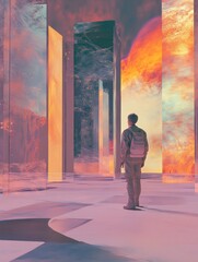 Aufkleber - A visitor stands captivated amidst towering digital panels displaying vibrant virtual artworks in an immersive gallery environment. Generative AI
