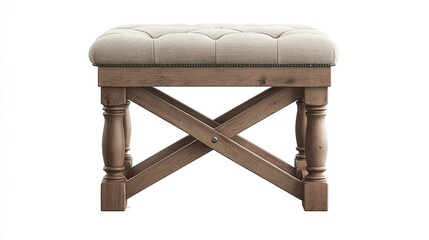 Beige upholstered ottoman on rustic wooden X-base legs.