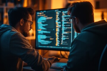 Poster - Collaboration between a human and AI in a tech workspace during evening hours for task completion. Generative AI