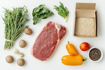 Aufkleber - Fresh assortment of vegetables, meat, and grains arranged for a healthy meal preparation. Generative AI
