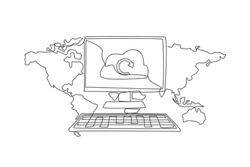 Sticker - Single continuous line drawing monitor, keyboard with world map background. Sync to cloud storage. Storage technology. Make it easy. Cloud server. World Backup Day. One line design vector illustration