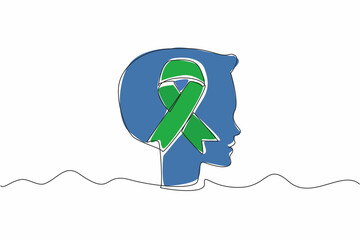 Poster - Single one line drawing green ribbon in middle of the head silhouette of child. Brain disorders. Abnormal growth. National Cerebral Palsy Awareness Month. Continuous line design graphic illustration