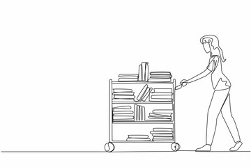 Wall Mural - Single one line drawing female librarian pushing trolley full of books. Arranging books with the help of a trolley. Neatness. National School Librarian Day. Continuous line design graphic illustration