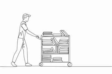 Wall Mural - Single continuous line drawing male librarian pushing a trolley full of books. Maintenance measures. Avoid damage to many books. National School Librarian Day. One line design vector illustration