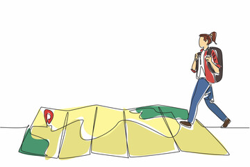 Poster - Single continuous line drawing female backpacker walking on a creased map. Step firmly following the directions. Route to healing. National Read a Road Map Day. One line design vector illustration