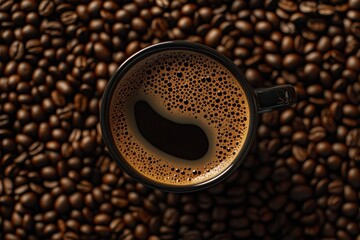 Leinwandbilder - Close up of a steaming cup of coffee surrounded by roasted coffee beans on a wooden background. Generative AI