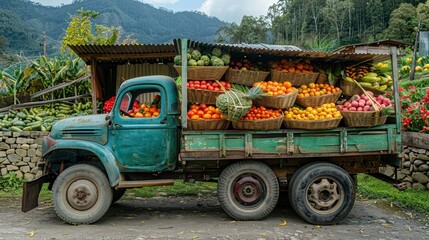 Wall Mural - A farm truck loaded with baskets of fruits and vegetables, transporting fresh produce directly from the farm to local stores and restaurants