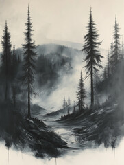 Wall Mural - Wind and Flame, Taiga landscape, ink drawing black and white