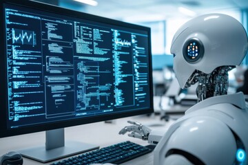 Fototapete - Human and AI teamwork enhancing productivity in a modern workspace during daylight hours. Generative AI