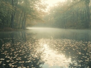 Wall Mural - A serene misty landscape with a calm pond reflecting autumn leaves and trees.