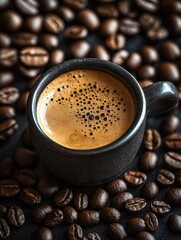 Leinwandbilder - Rich coffee cup surrounded by roasted beans on a dark surface creating a cozy atmosphere. Generative AI