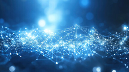 Abstract blue background with glowing connection lines and dots, a technology network concept