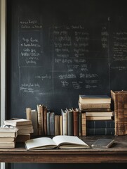 Aufkleber - Collection of books and notebooks on a desk with a blackboard in a study room. Generative AI