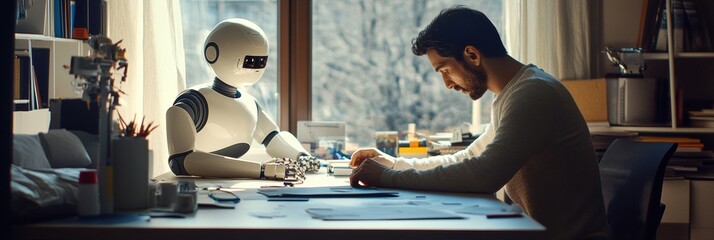 Fototapete - Collaboration between a human and robot at a desk working on a project together in a modern workspace. Generative AI