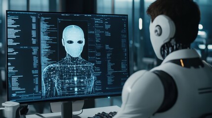 Fototapete - Collaboration between human and artificial intelligence in a futuristic workspace setting. Generative AI