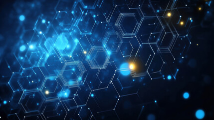Wall Mural - abstract background with blue hexagons and glowing dots on a dark backdrop, a technology concept