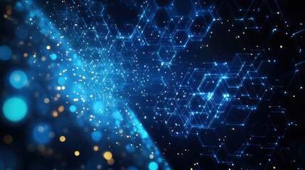 Wall Mural - abstract background with blue hexagons and glowing dots on a dark backdrop, a technology concept