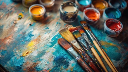Poster - Creative workspace with artist brushes, vibrant paints, and blank canvases for inspiring artistic expression. Generative AI
