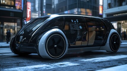 Leinwandbilder - A self-driving car traverses an urban environment, showcasing advanced onboard AI technology in real-time navigation. Generative AI