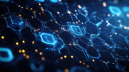 Wall Mural - abstract background with blue hexagons and glowing dots on a dark backdrop, a technology concept