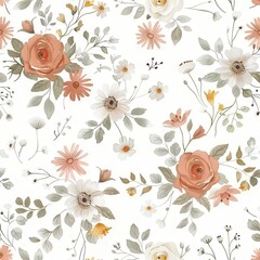 Poster - Floral pattern featuring soft roses and various wildflowers on a light background. Generative AI