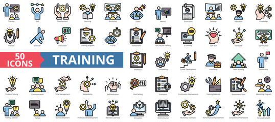Training icon collection set. Containing development, learning, workshop, coach, mentor, curriculum, seminar icon. Simple flat outline color illustration.