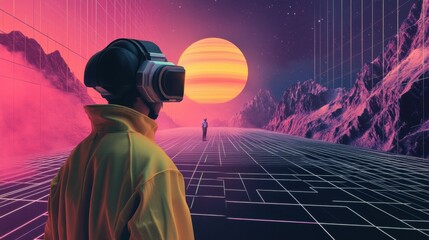 Fototapete - Visitors engage with interactive virtual artworks while wearing headsets in a colorful, immersive digital environment. Generative AI