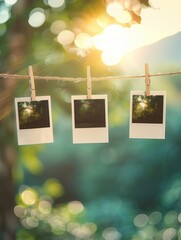 Poster - Polaroid photos on string with clothespins in a sunlit outdoor setting surrounded by nature. Generative AI