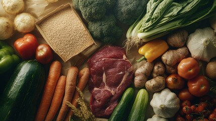 Poster - Fresh vegetables, meat, and grains arranged on a table for healthy meal preparation in a kitchen setting. Generative AI