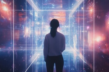 Aufkleber - A person stands in a vibrant digital gallery, surrounded by glowing artworks that create an immersive experience in a virtual setting. Generative AI