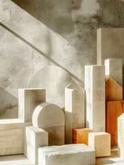 Aufkleber - Construction materials arranged artistically with contrasting light and shadow for a modern aesthetic in a minimalist space. Generative AI