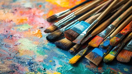 Poster - Creative workspace filled with artist brushes, vibrant paints, and blank canvases ready for artistic exploration. Generative AI