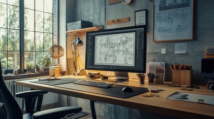 Aufkleber - Modern engineering desk with detailed blueprints and abundant natural light for productive workspace. Generative AI