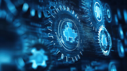 Digital technology background with gears and a blue color, representing the concept of industrial data management in Industry