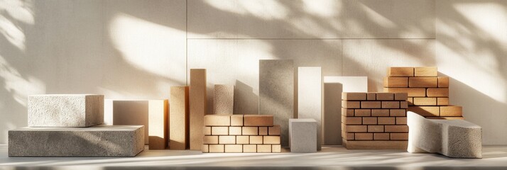 Aufkleber - Construction materials arranged artistically with light creating shadows in a minimalist space. Generative AI