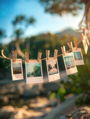 Poster - Polaroid photos hanging on string with clothespins against a natural backdrop showcasing memories in soft light. Generative AI