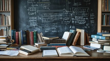 Aufkleber - Desk filled with books, notebooks, and stationery in a study with a chalkboard backdrop capturing a moment of creative work. Generative AI