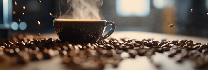 Leinwandbilder - Close up of steaming coffee cup surrounded by coffee beans on wooden table with natural light in cozy cafe setting. Generative AI