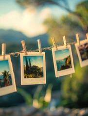 Leinwandbilder - Polaroid photos displayed on a line with clothespins showcasing beautiful landscapes and nature. Generative AI