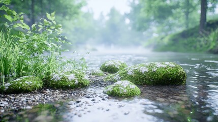 Canvas Print - Misty forest stream with mossy rocks.