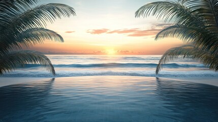 Wall Mural - Serene sunset over tropical beach with calm ocean and palm trees.