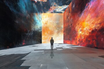 Aufkleber - Visitors marvel at the colorful virtual gallery, featuring captivating artworks and digital avatars in a stunning immersive environment. Generative AI